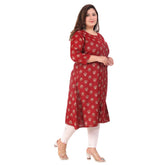 Maroon capsule material floral printed A-line kurti for women's office wear, buttons neck with 3/4th sleeve